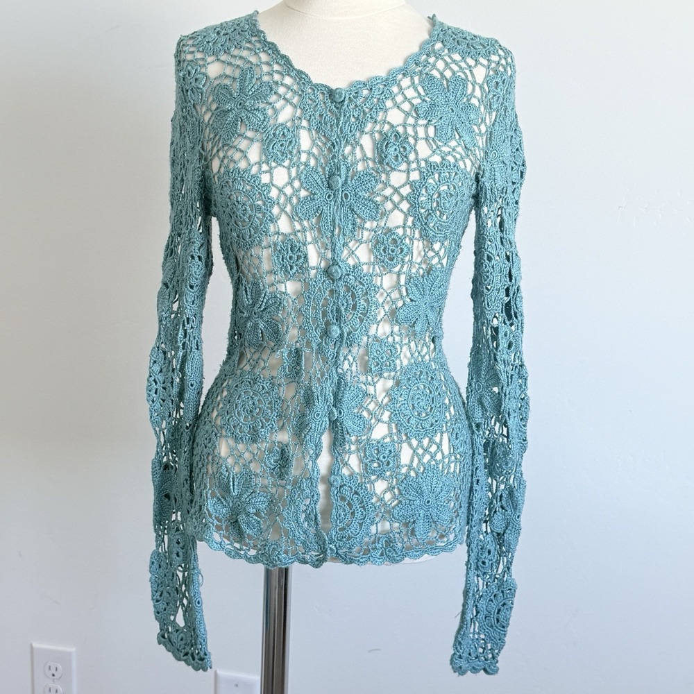 VTG Crochet Cardigan Women's M Teal Blue Boho Cottage Granny Indie kitchy fairy